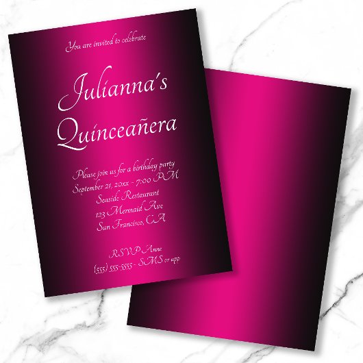 Elegant Schwarz und Hot Pink Ombre Quinceañera Einladung