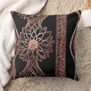 Elegant Schwarz und Rosenvergoldetes Mandala-Blume Kissen