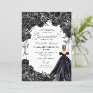 Elegant Schwarz und Silver Floral Quinceanera Invi Einladung