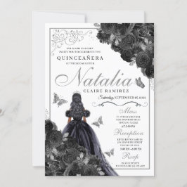 Elegant Schwarz und Silver Floral Quinceanera Invi Einladung