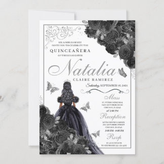 Elegant Schwarz und Silver Floral Quinceanera Invi Einladung
