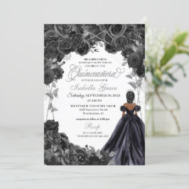 Elegant Schwarz und Silver Floral Quinceanera Invi Einladung