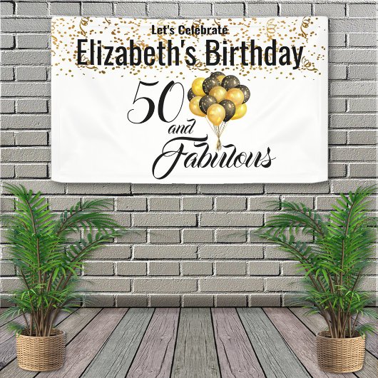 Elegant Schwarz-weiß Custom 50. Geburtstag Confett Banner