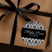 Elegant Schwarz-weiß Damask Wedding Gefallen Runder Aufkleber