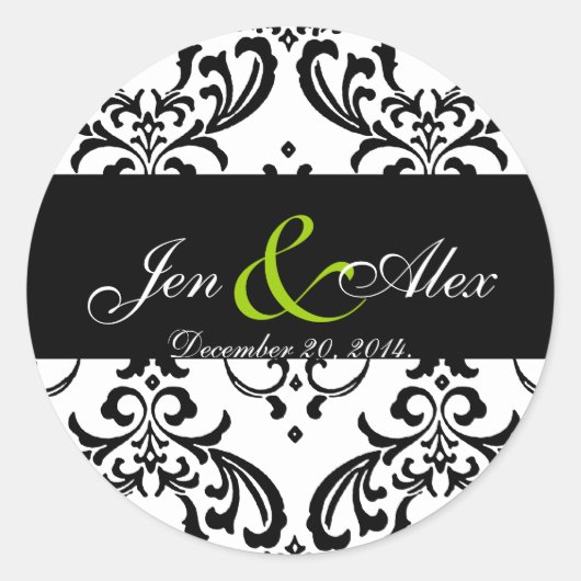 Elegant Schwarz-weiß Damask Wedding Sticker Green (Vorderseite)