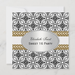 Elegant Schwarz Weiß Damast #2 Gold Sweet 16 #2 Einladung