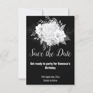 ELEGANT SCHWARZ-WEISS FLORAL SAVE THE DATE RSVP KARTE
