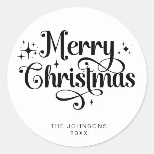 Elegant Schwarz-weiß frohe Weihnachtsschrift Custo Runder Aufkleber