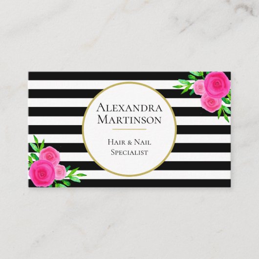 Elegant Schwarz-weiß gestreiftes Rosa Wasserfarben Visitenkarte (Vorderseite)
