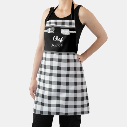 Elegant Schwarz-weiß Gingham | Personalisierter Na Schürze (InSitu)