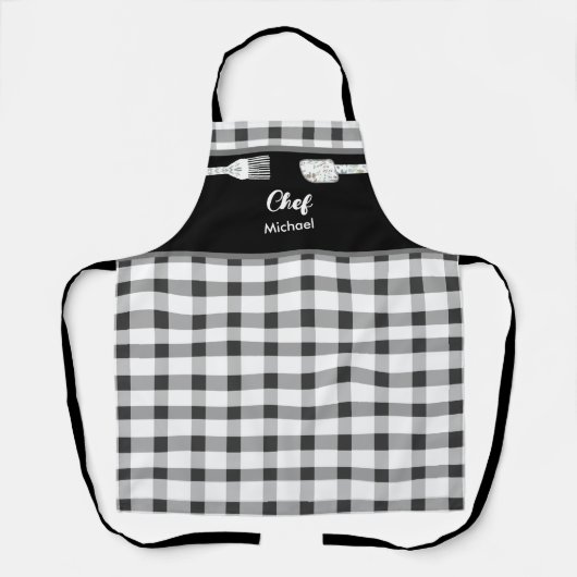 Elegant Schwarz-weiß Gingham | Personalisierter Na Schürze (Vorderseite)