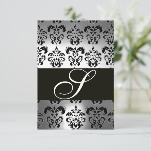 ELEGANT SCHWARZ-WEISS GRAU DAMASK MONOGRAM UAWG RSVP KARTE (Stehend Vorderseite)