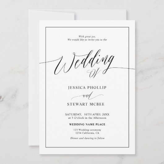 Elegant Schwarz-weiß in einem Skript Hochzeit Einladung (Vorderseite)