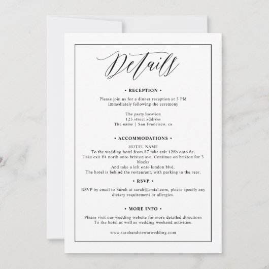 Elegant Schwarz-weiß in einem Skript Hochzeit Einladung (Rückseite)