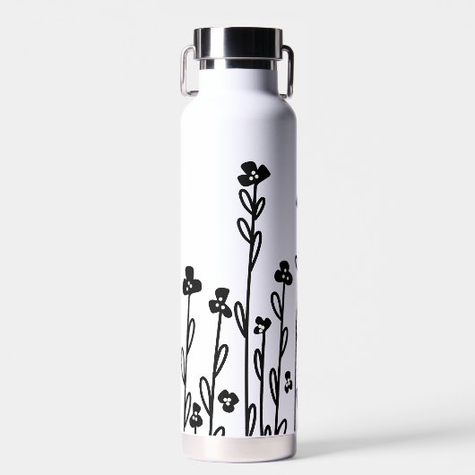 Elegant Schwarz-weiß-minimalistisch doodle floral Trinkflasche (Vorne)