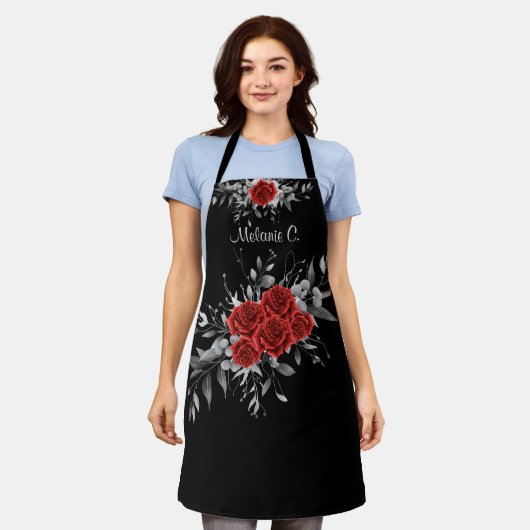 Elegant Schwarz & Weiß mit Rote Rosen Schürze (Getragen)