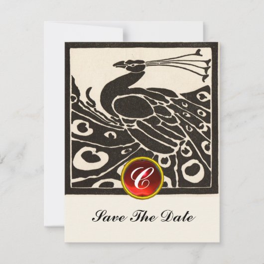 ELEGANT SCHWARZ-WEISS PEACOCK, RED RUBY GEM MONOGR EINLADUNG (Vorderseite)