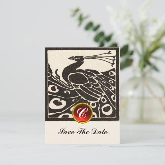 ELEGANT SCHWARZ-WEISS PEACOCK, RED RUBY GEM MONOGR EINLADUNG (Stehend Vorderseite)