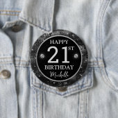 Elegant Schwarze Blumen Glitter Silber Geburtstag Button (Beispiel)