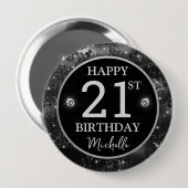 Elegant Schwarze Blumen Glitter Silber Geburtstag Button (Vorne & Hinten)