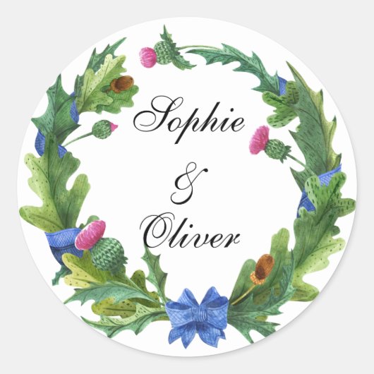 Elegant Scottish Thistle Blume Floral Wreath Runder Aufkleber (Vorderseite)