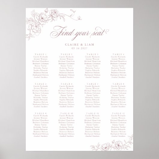 Elegant Scrip 12 Table Rose Hochzeitstabelle Poster (Vorne)