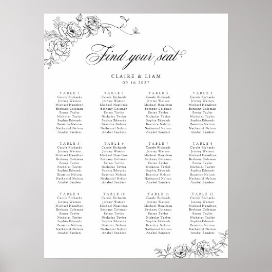 Elegant Scrip 12 Table Rose Hochzeitstabelle Poster (Vorne)