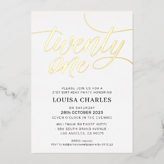 ELEGANT SCRIPT 21. Geburtstag Party Stilgold Folieneinladung (Vorderseite)
