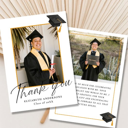 Elegant Script 2 Photo Graduation Thank you Card Dankeskarte