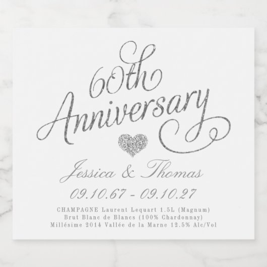 Elegant Script 60th Diamond Wedding Anniversary Schaumweinetikett (Einzelnes Label)