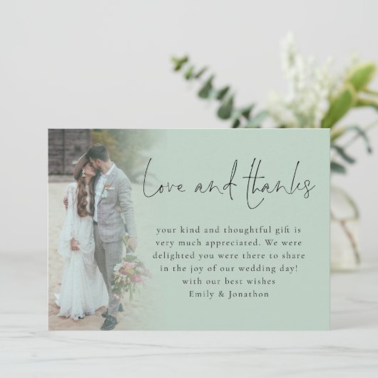 Elegant Script 6 Photos Wedding Love Thanks Sage Karte (Stehend Vorderseite)