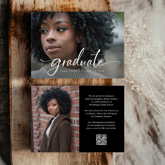 Elegant Script and Black Photo QR Code Grad Party Einladung