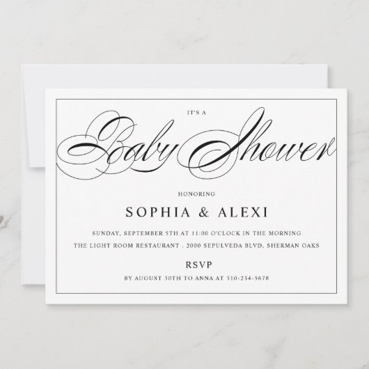 Elegant Script Black and White Baby Shower Einladung (Vorderseite)