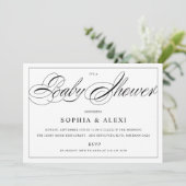 Elegant Script Black and White Baby Shower Einladung (Stehend Vorderseite)
