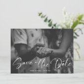 Elegant Script Black and White Photo Wedding Save The Date (Stehend Vorderseite)