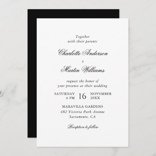 Elegant Script Black and White Wedding Einladung (Vorne/Hinten)