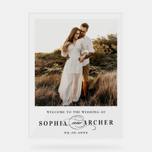 Elegant Script Black and White Wedding Welcome Acrylschild (Vorderseite)