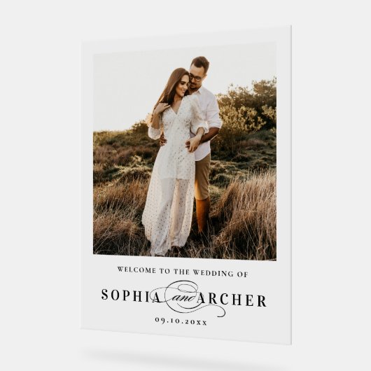 Elegant Script Black and White Wedding Welcome Acrylschild (Winkel)