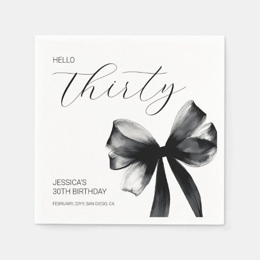 Elegant Script Black Bow 30th Birthday Party Serviette (Vorderseite)
