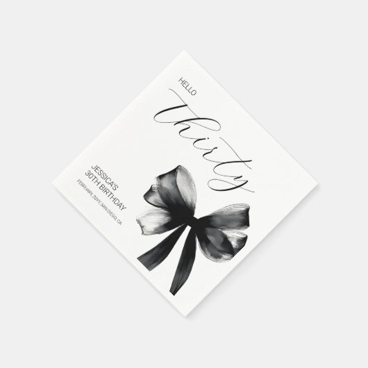 Elegant Script Black Bow 30th Birthday Party Serviette (Ecke)