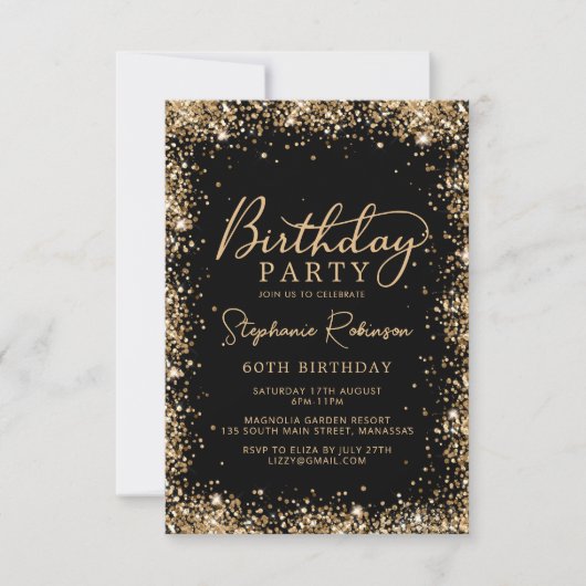 Elegant Script Black Gold Glitter 60th Birthday Einladung (Vorderseite)