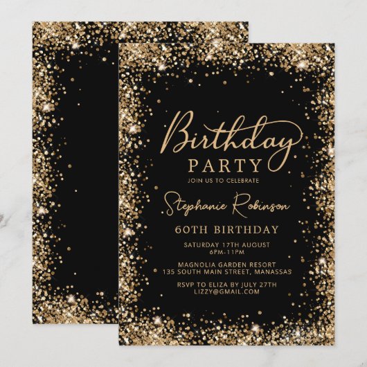 Elegant Script Black Gold Glitter 60th Birthday  Einladung (Vorne/Hinten)