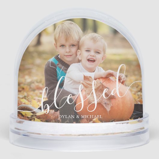 Elegant Script "Blessed" Photo Snow Globe Schneekugeln (Vorderseite)