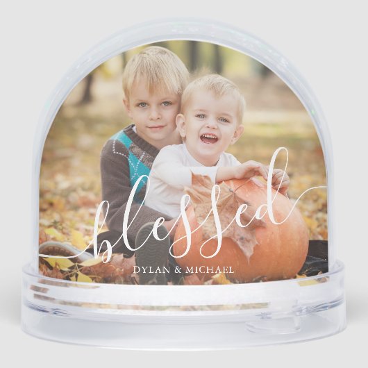 Elegant Script "Blessed" Photo Snow Globe Schneekugeln (Rückseite)