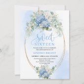 Elegant Script Blue Hydrangea Gold Sweet Sixteen Einladung (Vorderseite)