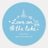Elegant Script Blue Lake Bachelorette Party Runder Aufkleber (Vorderseite)