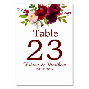 Elegant Script Burgundy Floral Tischnummer