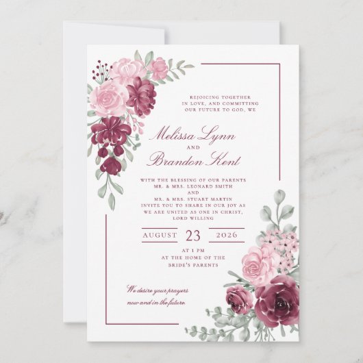 Elegant Script Burgundy Floral Watercolor Wedding Einladung (Vorderseite)
