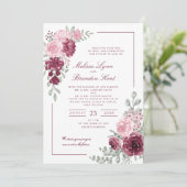 Elegant Script Burgundy Floral Watercolor Wedding Einladung (Stehend Vorderseite)