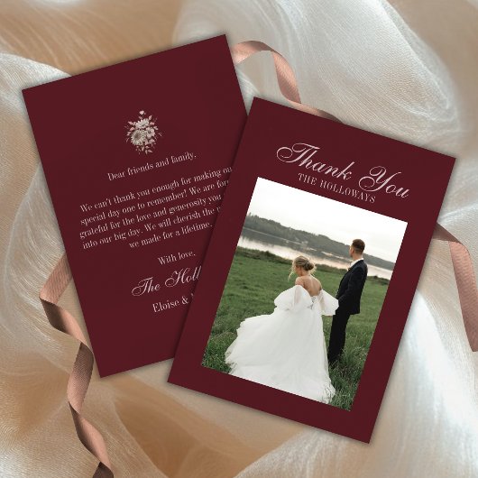 Elegant Script Burgundy Red Flat Thank You Card Dankeskarte